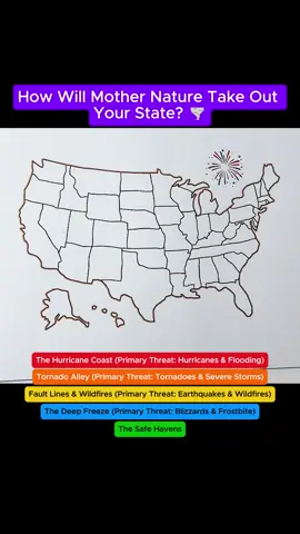 Mother Nature has zero chill! 🌪️ Is your state getting swept away by a massive tornado, or are you freezing into an ice cube in a winter blizzard? ❄️ Check the map, find your weather hazard, and pack your emergency kit! 🇺🇸👇 #weathermap #maptok #naturaldisaster #tornadoalley #hurricaneseason #blizzard #earthquake #geography #statewars #mothernature #usastates #trending2026 #mapart