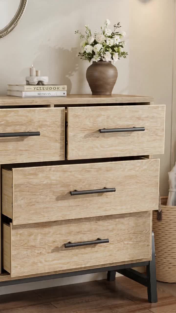 Modern 7-Drawer Wide Dresser for Bedroom - Freestanding Wooden Storage Chest - Large Drawers for Entryway, Living Room, or Closet - Natural Oak Finish #storagecabinets #bedroomstorage #entrywaybench #homeinteriorsandgifts #dressers #6drawerdresser #roomfurniture #furnitureexperts #woodendresser #16drawerdresser