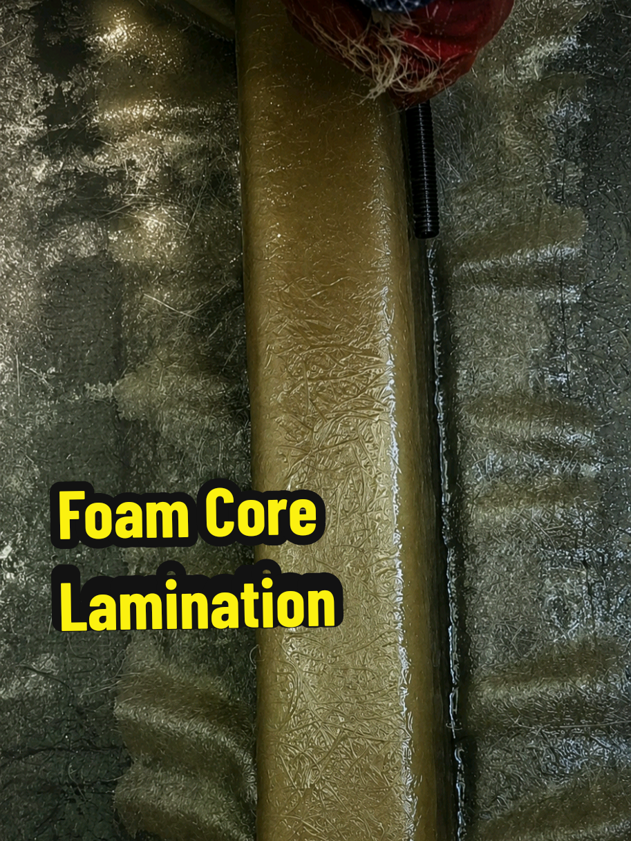 Hull bottom foam reinforcement in progress. Foam core is used to improve structural support. Air bubble removal is essential for proper bonding. Clean lamination ensures strength and durability. #BoatBuilding #FRP #Fiberglass #FoamCore #Lamination 