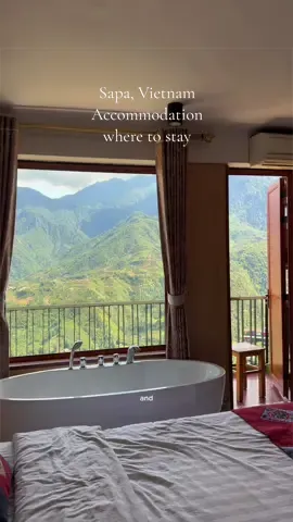 Hotel in Sapa, Vietnam with a beautiful view of Sapa Mountains. I love that it has a bathtub and balcony too! All this for less than 2k pesos per night?!  Plus with breakfast 😮🥰  Use my code: KAMAGODA when you book hotels thru Agoda app for extra discounts. #sapavietnam #solotravel #vietnam #AgodaAmbassador #AgodaCreatorCommunity