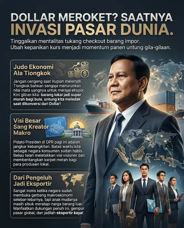 Timeline isinya berisik banget pada nangisin keranjang e-commerce impor gara-gara Dollar meroket. Halo, Gen Z? Bangun! Lo lagi ngelewatin peluang paling menguntungkan kalau otak lu cuma dipakai buat ngeluh. Kita pakai taktik Judo Ekonomi sekarang. Sadar nggak sih, raksasa seperti Tiongkok itu sering banget sengaja bikin mata uangnya melemah demi ngebantai kompetitor dan kuasai ekspor dunia? Nah, pas Rupiah lagi loyo begini, harga barang-barang lokal kita tuh jadi murah banget dan makin seksi di mata pembeli bule! Begitu lo jualan ke luar negeri dan dibayar pakai Dollar, pas ditarik ke Rupiah... untung lo otomatis meledak! Ini momentum yang sangat sinkron dengan pidato visioner Presiden Prabowo di DPR tadi pagi: 