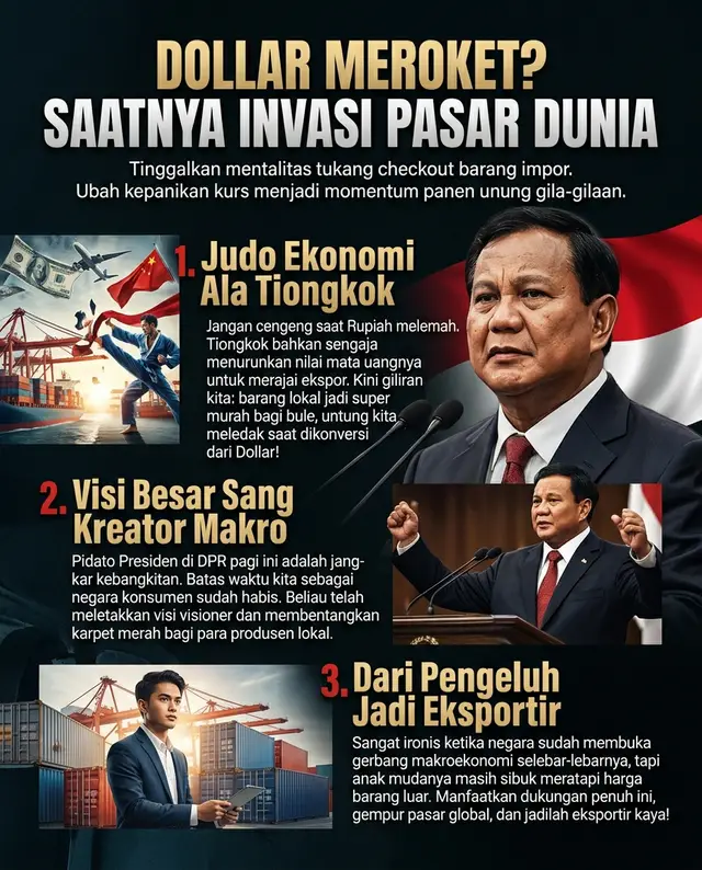 Timeline isinya berisik banget pada nangisin keranjang e-commerce impor gara-gara Dollar meroket. Halo, Gen Z? Bangun! Lo lagi ngelewatin peluang paling menguntungkan kalau otak lu cuma dipakai buat ngeluh. Kita pakai taktik Judo Ekonomi sekarang. Sadar nggak sih, raksasa seperti Tiongkok itu sering banget sengaja bikin mata uangnya melemah demi ngebantai kompetitor dan kuasai ekspor dunia? Nah, pas Rupiah lagi loyo begini, harga barang-barang lokal kita tuh jadi murah banget dan makin seksi di mata pembeli bule! Begitu lo jualan ke luar negeri dan dibayar pakai Dollar, pas ditarik ke Rupiah... untung lo otomatis meledak! Ini momentum yang sangat sinkron dengan pidato visioner Presiden Prabowo di DPR tadi pagi: 