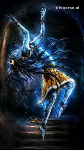 Lord Shiva in his cosmic dance form, often referred to as Nataraja — the divine dancer. The blue skin, flowing hair, leopard-skin garment, and bead ornaments are all traditional symbols associated with Shiva. The glowing aura and mystical energy radiating from the figure emphasize his role as both creator and destroyer, embodying the eternal rhythm of the universe.   ✨ Key aspects of Shiva in this form:   - Nataraja: Shiva as the cosmic dancer, symbolizing creation, preservation, and destruction.   - Leopard-skin garment: Represents mastery over animal instincts and primal energy.   - Beads and ornaments: Often Rudraksha beads, symbolizing spiritual power and meditation.   - Cosmic energy: The glowing aura reflects his transcendence beyond the material world.   - Dance of destruction: His dance is said to dissolve illusion and bring balance to creation. #shiva #tiktok #fupシforyou #viral #om 