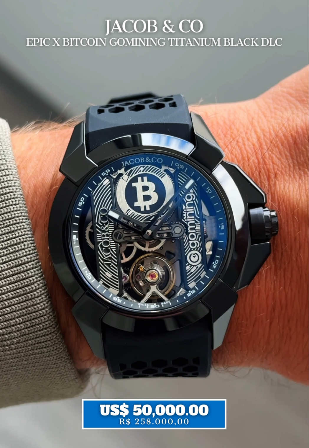 Jacob & Co que minera bitcoin 🤯 O novo Jacob & Co. Epic X GoMining une alta relojoaria com mineração digital de Bitcoin. Limitado a apenas 100 peças, o modelo possui caixa de titânio DLC preto de 44mm, mostrador skeletonizado com pontes em formato “X” inspiradas no universo cripto e movimento manual exclusivo da marca. Além disso, cada relógio vem conectado a um minerador digital GoMining de 1.000 TH/s, gerando recompensas diárias em BTC diretamente na conta do proprietário. O relógio em si não minera no pulso, mas funciona integrado à infraestrutura digital da GoMining, levando o conceito de relógio para um outro nível. ➡️ Deixe seu like e siga a @calf.watches ⬅️ #JacobAndCo #Bitcoin #Crypto #GoMining #LuxuryWatches