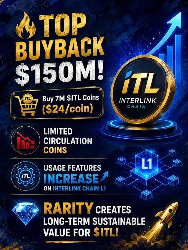 🔥 Top Buyback $150M! Buy 7M $ITL Coins ($24/coin) Limited Circulation Coins 📉 Usage Features Increase on Interlink Chain L1 ⚙️ 💎 Rarity Creates Long-Term Sustainable Value for $ITL! 🚀 #InterLink #ITLG #ITL