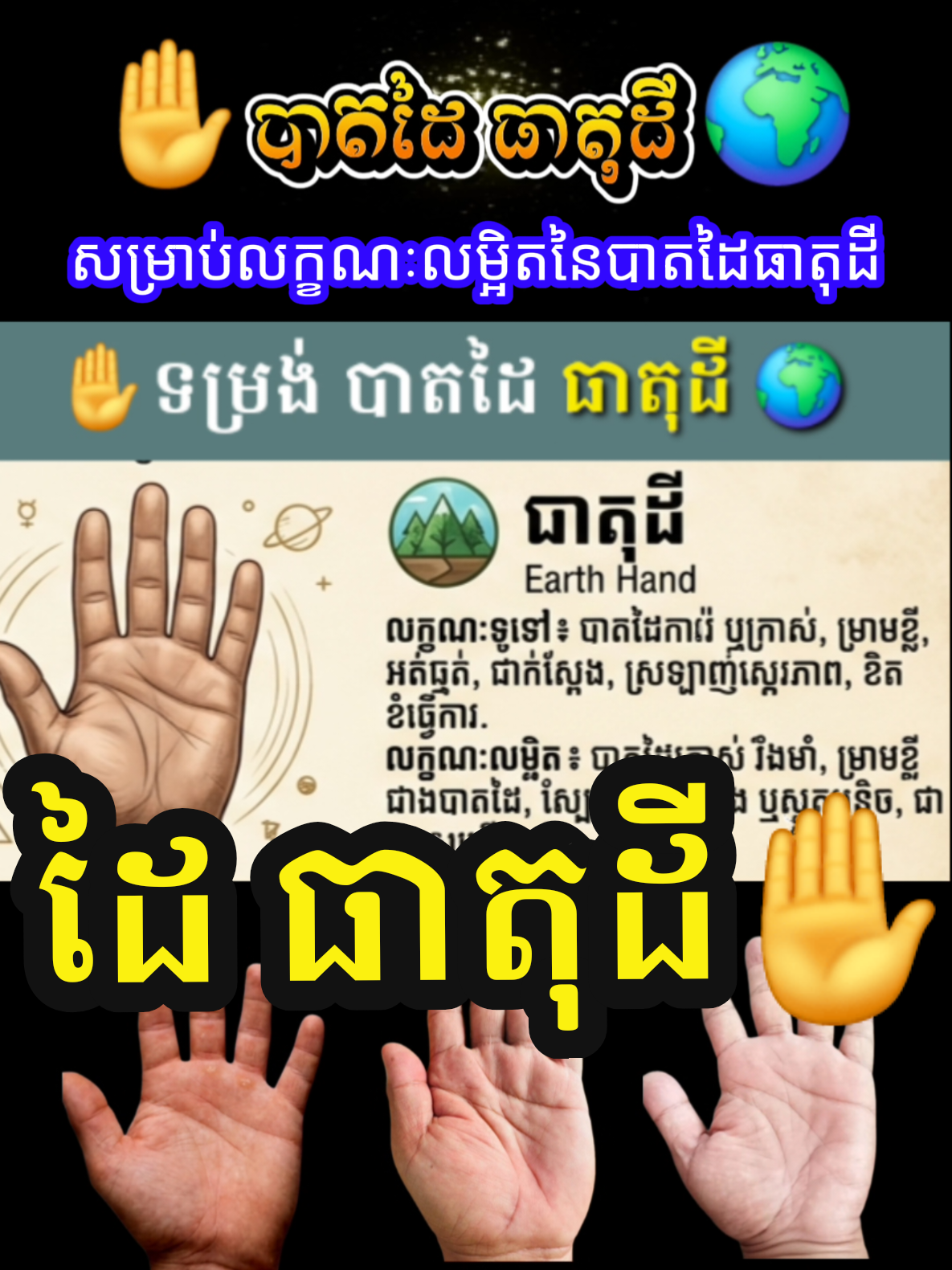 ✋បាតដៃ ធាតុដី🌍 ខិតខំ ស្ថេរភាព រឹងមាំ អំណត់🙏 អ្នកបាតដៃធាតុដី រាងហត់បន្តិច😁 #អានបាតដៃ #palmistry #free_ចំណេះដឹង #លើកទឹកចិត្ត #ធ្វើបុណ្យសន្សំកុសល 