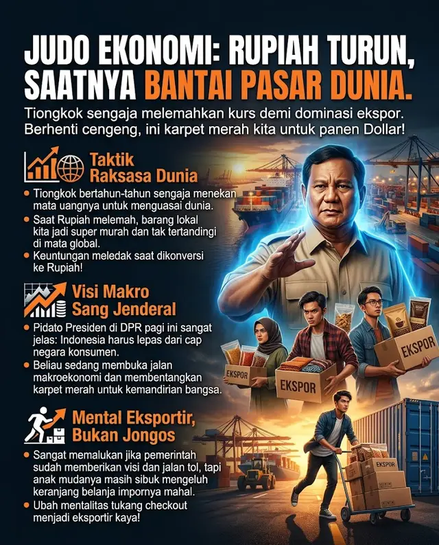 Rupiah melemah sedikit, timeline langsung isinya ratapan massal Gen Z menangisi keranjang belanja e-commerce barang impor. Mentalitas jongos konsumen banget! Bangun! Otak kalian terlalu mahal kalau cuma dipakai buat ngeluh. Kita pakai Judo Strategy sekarang. Sadar nggak kalau raksasa macam Tiongkok itu sering banget sengaja neken nilai mata uangnya sendiri demi ngebantai kompetitor dan kuasai ekspor dunia? Pas Rupiah lagi loyo begini, ini adalah celah emas! Harga barang-barang lokal kita jadi super murah dan makin seksi di mata pembeli asing. Sekalinya kalian hantam pasar luar dan dibayar pakai Dollar, begitu ditarik ke Rupiah... BOOM! Margin untung otomatis meledak! Tamparan keras udah disampein langsung sama Presiden Prabowo di DPR pagi ini: 
