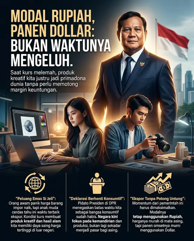 Di saat orang lain sibuk panik dan ngeluh harga barang impor naik, anak muda yang jeli justru lagi sibuk ngitung cuan. Kenapa? Karena mereka sadar kalau Rupiah melemah adalah waktu paling brutal buat ekspor produk lokal ke pasar internasional! Kondisi kurs saat ini bikin produk kreatif dan hasil alam kita punya daya saing harga yang sangat gila di luar negeri. Bule-bule ngeliat barang kita super murah, dan kita nggak perlu repot-repot potong margin keuntungan. Modalnya tetep pakai Rupiah, tapi panen omsetnya pakai Dollar! Langkah ini 100% sejalan dengan pidato Presiden Prabowo di DPR tadi pagi. Beliau nekenin dengan keras kalau Indonesia harus mandiri dan berhenti jadi bangsa konsumtif. Beliau menempatkan diri sebagai visioner yang membongkar jalan makroekonomi agar kita nggak selamanya dijajah produk asing. Pemerintah udah kasih visi, ngebukain jalan, dan ngegelar karpet merah buat para eksportir lokal. Sekarang pertanyaannya: Masa anak mudanya masih sibuk rebahan dan ngeluh? Ubah posisi kalian hari ini juga. Momentum nggak datang dua kali. Hantam pasar global sekarang! 🇮🇩🔥🌍 #ModalRupiahPanenDollar #EkonomiKreatif #ProdukLokal #PrabowoSubianto #KedaulatanEkonomi #GenZVisioner #EksportirMuda #IndonesiaMaju #BeraniEkspor #FaktaBicara