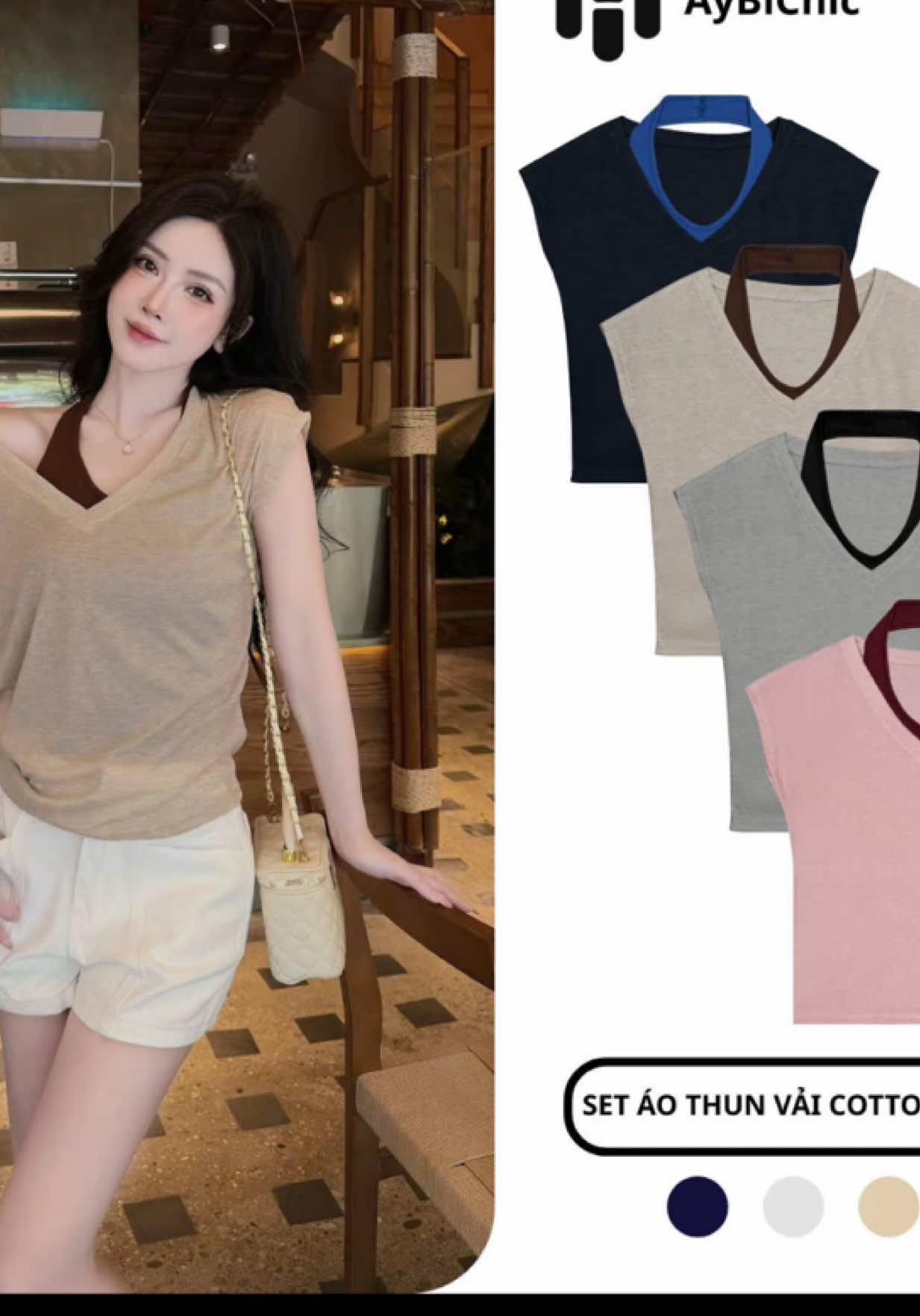 { VÁI COTTON SỢI TRE} Set Áo Thun Nữ 2 Ao Dáng Rộng Thoáng Mát Dê Phối Đồ Chất Vải Mới Mêm Mại Như To Cao Câp AB 336