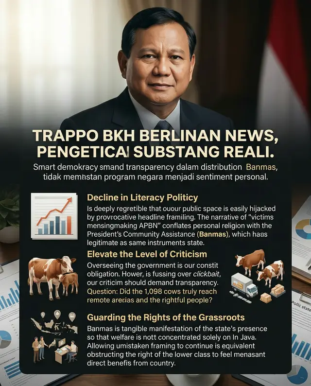 Sungguh ironis melihat bagaimana diskursus publik kita bisa dengan mudahnya dibajak oleh satu judul berita provokatif. Belakangan ini, ramai narasi yang menggiring opini seolah-olah Presiden menggunakan APBN untuk ibadah kurban pribadinya. Mari kita naikkan level literasi politik kita dan melihat isu ini dengan kacamata yang lebih kritis namun tetap diplomatis. Kita harus mulai membiasakan diri untuk memisahkan antara entitas personal dan institusional. Bantuan 1.098 sapi tersebut bukanlah ibadah kurban atas nama pribadi Prabowo, melainkan bagian dari Bantuan Kemasyarakatan (Banmas) Presiden. Ini adalah instrumen resmi tata negara, didanai oleh APBN, dan secara spesifik dirancang agar kehadiran negara bisa dirasakan langsung oleh masyarakat di akar rumput, pesantren, ormas, dan daerah-daerah yang jauh dari gemerlap Pulau Jawa. Dalam negara demokrasi, sikap kritis bukanlah sekadar opsi, melainkan kewajiban. Kita sangat berhak mengawasi pemerintah. Namun, kemarahan yang didasari oleh framing keliru hanya akan menghasilkan kebisingan tanpa makna. Jika kita benar-benar peduli pada rakyat, pindahkan fokus kritik tersebut pada substansi eksekusinya. Tanyakan dan kawal prosesnya: Apakah penyaluran sapi Banmas ini sudah transparan? Apakah distribusinya tepat sasaran dan benar-benar diterima oleh masyarakat yang berhak di daerah? Itulah bentuk pengawasan yang cerdas dan substantif. Berbeda pandangan politik adalah hal yang lumrah. Namun, jangan sampai keengganan kita pada sosok tertentu membuat kita secara tidak sadar ikut menyerang dan memelintir program negara yang manfaatnya jelas-jelas ditujukan untuk mengisi perut rakyat. Mari jadi masyarakat yang kritis secara objektif, bukan kritis karena termakan clickbait. 🇮🇩⚖️ #DemokrasiCerdas #KritikSubstantif #BanmasPresiden #FaktaBicara #EdukasiPolitik #PrabowoSubianto #AkalSehat #BantuanRakyat #LiterasiPolitik #IndonesiaMaju
