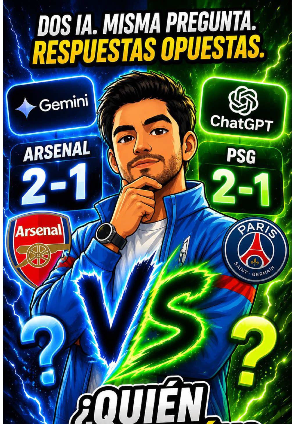 🤖⚽ Hice un experimento y el resultado me sorprendió... Le pregunté a ChatGPT y a Gemini exactamente lo mismo: 👉 ¿Quién ganará la final entre PSG y Arsenal? Lo increíble es que NO estuvieron de acuerdo. 😳 🔵 Gemini eligió al Arsenal y predijo un 2-1. 🟢 ChatGPT eligió al PSG y también predijo un 2-1. Dos inteligencias artificiales. Mismos datos. Mismo partido. Predicciones totalmente opuestas. Ahora la pregunta es: ¿Quién crees que tiene razón? 👇 💙 Arsenal ❤️ PSG Guarda este video porque cuando termine el partido volveremos para descubrir qué IA acertó. #TikTokDeportes #futbol #uefachampionsleague #arsenalfans #parissaintgermain 