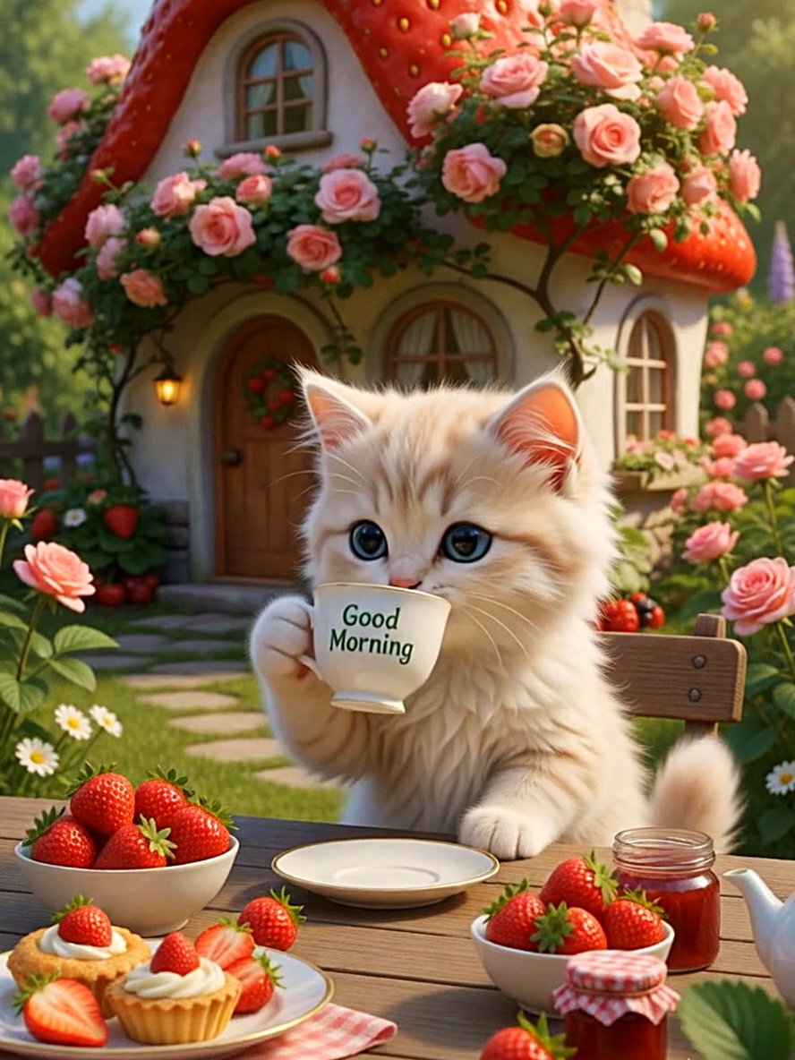 🍓🐱Good morning from Fluffy Joy🐾✨ #FluffyPawMoments #goodmorning #haveaniceday #houseandkitty #foryou 