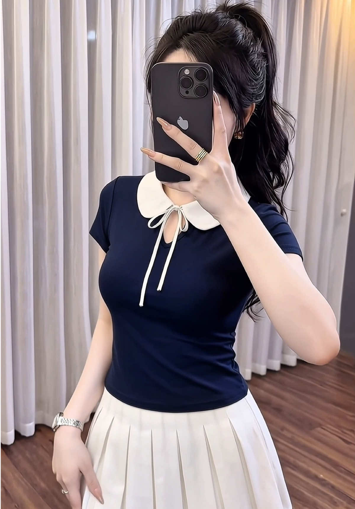 Áo thun cổ sen phối dây nơ xinh xỉu