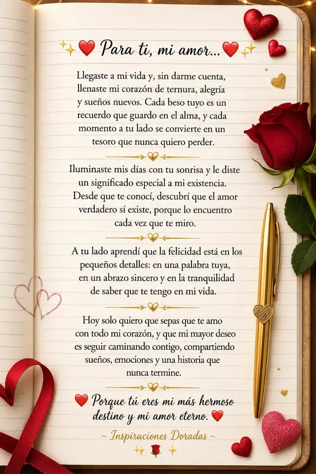 ✨❤️ Hermosa tarde, mi amor ❤️✨ En esta hermosa tarde, mientras el cielo se viste de calma y el viento susurra suavemente, mi corazón solo piensa en ti. 🌹 Eres ese pensamiento bonito que ilumina mis horas, la razón de muchas de mis sonrisas y el sentimiento más hermoso que habita en mi alma. Tu amor ha llenado mi vida de colores, de esperanza y de una felicidad que crece con cada día que pasa. Hoy quiero recordarte cuánto te amo y lo agradecido que estoy por tenerte en mi vida. Porque no importa la distancia ni el tiempo, siempre encuentras la manera de hacer que mi corazón lata más fuerte. Que esta tarde te abrace con tranquilidad, te regale una sonrisa y te recuerde que en algún lugar hay alguien que piensa en ti, te extraña y te ama con todo su ser. ❤️✨ 🌹 Feliz tarde, mi amor. Eres mi pensamiento favorito y la más hermosa razón de mi felicidad. 🌹 ✨❤️ #FelizTardeMiAmor #AmorEterno #InspiracionesDoradas #TeAmo #MiPersonaFavorita  ❤️✨