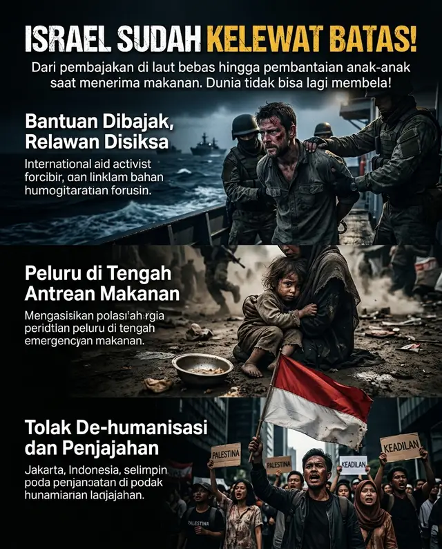 ISRAEL SUDAH KELEWAT BATAS! Gaza sedang dicekik kelaparan mematikan, bantuan diblokade total, dan warga sipil terus-terusan dikorbankan. Tapi di tengah kebrutalan itu, ketika para aktivis kemanusiaan Flotilla—termasuk relawan dari Indonesia—mencoba menembus blokade membawa makanan dan obat-obatan, apa yang mereka dapatkan? Mereka dicegat paksa secara ilegal di perairan internasional. Ditangkap, dipermalukan, disiksa, hingga muncul kesaksian mengerikan tentang pelecehan. Para pahlawan kemanusiaan ini diperlakukan lebih buruk dari kriminal! Dan yang paling mengoyak nurani: bayangkan, ketika sebagian bantuan akhirnya berhasil tembus dan mulai dibagikan kepada anak-anak dan para ibu yang kelaparan di pengungsian, tiba-tiba peluru tajam melayang menghujani mereka! Puluhan anak-anak tewas seketika di tempat. Makanan yang belum sempat mereka telan bersimbah duka. Para suami dan ayah berteriak histeris kehilangan seluruh keluarganya dalam hitungan detik saat sedang mengantre harapan hidup. Ini bukan lagi sekadar konflik politik, ini adalah penjajahan dan pembantaian paling biadab di abad modern! Negara-negara Eropa yang selama ini diam pun akhirnya mulai muak, marah, dan menekan Israel. Tindakan mereka makin hari makin tidak bisa dibela oleh akal sehat mana pun. Bagi kita rakyat Indonesia, ini bukan isu yang jauh. Palestina adalah bagian dari denyut nadi sejarah kemerdekaan kita. Kita tidak boleh diam dan hanya menonton dari jauh! Kita harus bersuara lantang: Tolak penjajahan dalam bentuk apa pun! Tolak kekejaman di mana manusia diperlakukan seperti bukan manusia. Jangan biarkan hukum internasional dan nilai kemanusiaan terus diinjak-injak! 🇵🇸🇮🇩✊ #FreePalestine #IsraelKelewatBatas #FlotillaGaza #StopGenosida #Kemanusiaan #IndonesiaBersamaPalestina #SaveGaza #StopKejahatanPerang #BelaPalestina