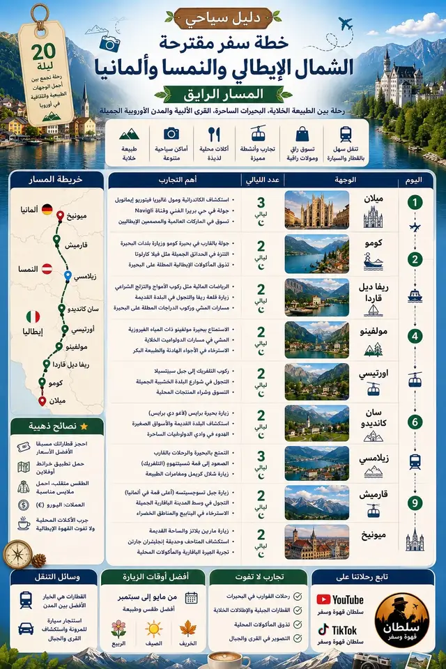 لو حابب تكتشف شمال إيطاليا والنمسا وألمانيا بعيد عن الزحمة، هذي الرحلة بتاخذك بين بحيرات رائعة، قرى دولوميت خلابة، جبال النمسا الجميلة، والمناظر الطبيعية للبافاريا في ألمانيا. دليلك كامل لعشاق الطبيعة، الاسترخاء، والتصوير. 📍 ميلان، كومو، ريفا ديل قاردا، مولفينو، أورتيسي، سان كانديدو، زيلامسي، قارميش، ميونيخ. رحلة ممتعة ومليانة مناظر خلابة، شاركني رأيك إذا جربتها أو عندك أماكن حلوة تزورها في المنطقة! 🌿📸 #سفر #سفر #إيطاليا #النمسا #ألمانيا 