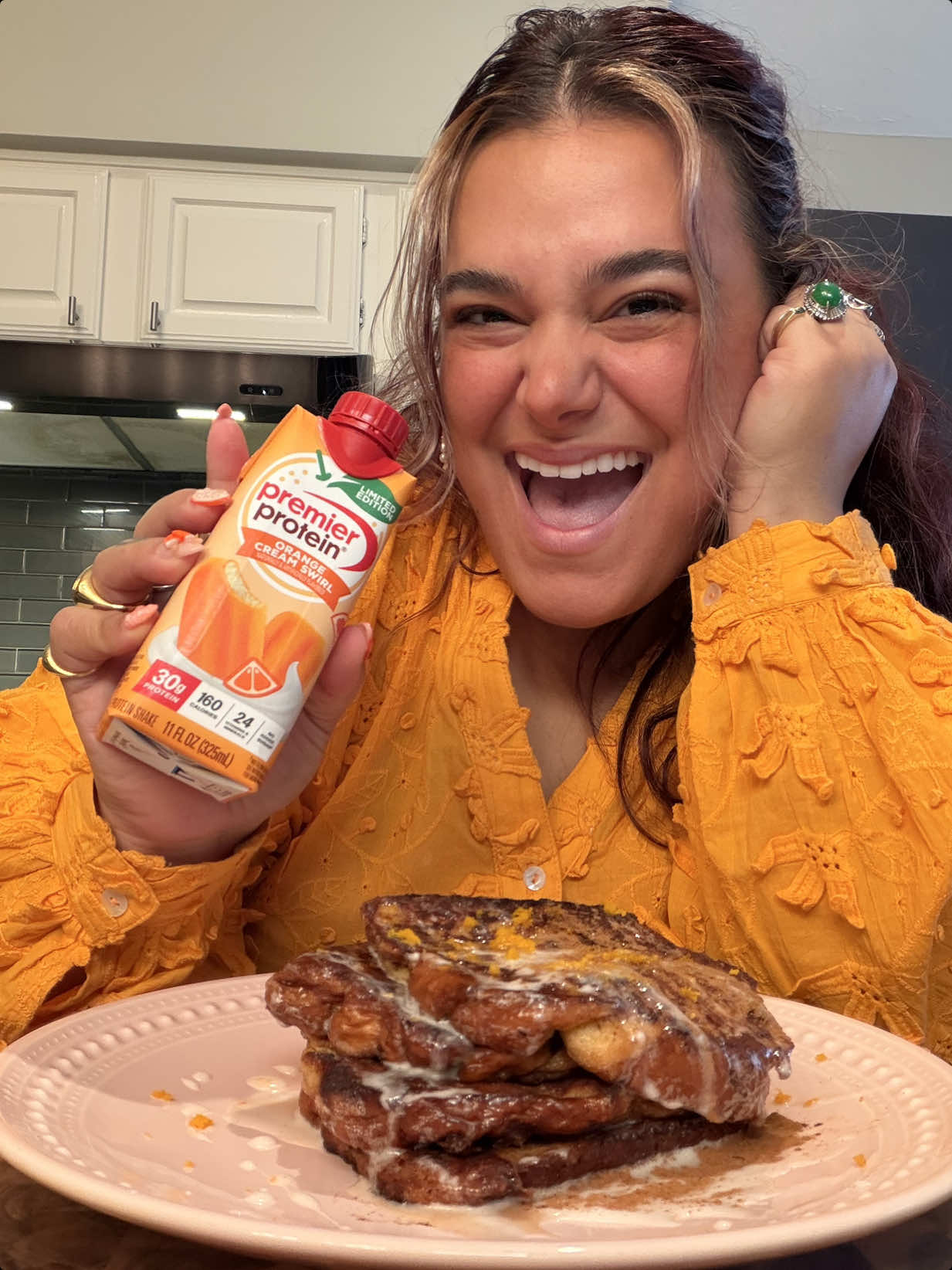 #ad one sip and my brain immediately went French Toast 🍊 Made this with the NEW limited-time Orange Cream Swirl @Premier Protein and it has no business being THIS good!!  ✨FULL RECIPE French Toast: 	•	4 thick slices brioche 	•	1 bottle Premier Protein Orange Cream Swirl protein shake 	•	2 eggs 	•	1 tsp vanilla bean paste 	•	½ tsp cinnamon 	•	tiny pinch salt 	•	butter for the pan Whisk everything except the brioche together, soak each slice 10–15 seconds per side, then cook in a buttered pan over medium heat until golden with soft custardy centers 🤌 Orange Cream Icing Drizzle: 	•	½ cup powdered sugar 	•	1–2 tbsp Premier Protein Orange Cream Swirl protein shake 	•	tiny splash vanilla bean paste Whisk until smooth then drizzle all over the top 🍊 Finished mine with orange zest + maple syrup because I clearly don’t know how to act 😌 #premierproteinpartner #cookwithme #Recipe #Foodie 