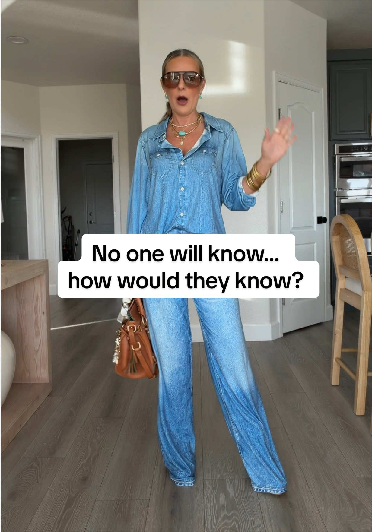 This denim look pajama set is honestly convincing from a distance — it looks like real jeans paired with an oversized denim button down, but it’s actually one of the softest stretchiest pajama sets I’ve ever worn. The perfect mix of comfy and cute  #pajamaset #loungewear #ShippedByTikTok #TikTokShopSummerTurnUp #DealsForYouDays @Just Being Jordann thank you for gifting this to try 
