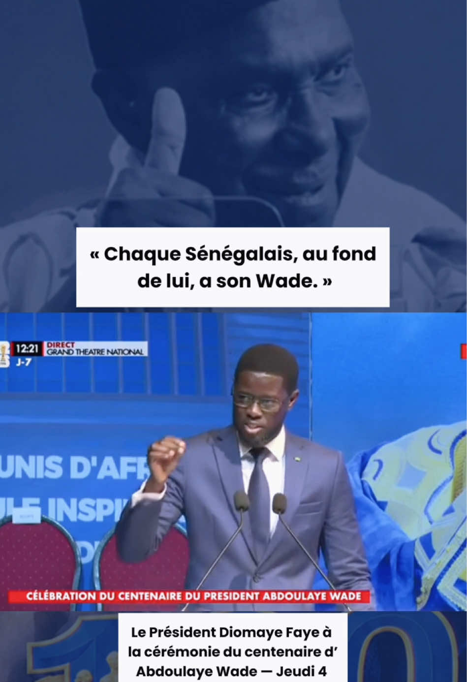 « Chaque Sénégalais, au fond de lui, a son Wade. » — Le Président Diomaye Faye lors de la cérémonie marquant le centenaire de la naissance du Président Abdoulaye Wade. #creatorsearchinsights#viepubliquesn #Senegal