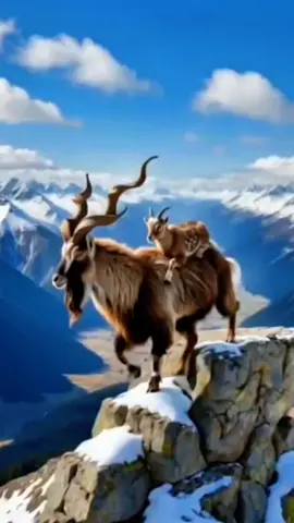 Mountain goats and their kids on their shoulders walk and jump down a cliff with a narrow path #mountaingoats 