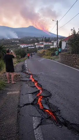 POV: the volcano isn’t just erupting in the distance anymore — the lava is literally breaking through the road right in front of people 🌋 The crack keeps widening, molten lava starts bubbling up through the asphalt, and everyone filming suddenly realizes this is way too real. One of those moments where your brain says “record it” but your legs say “RUN.” #volcano #lava #disaster #viralvideo #aicontent