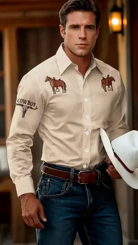 Men's Denim Style Long Sleeve Shirt, Horse Pattern Western Style Top, Casual Fitted Shirt for Spring & Fall, Men's Fashion Apparel #mensshirt #denimshirt #buttonupshirt #cowboybebopshirt #menwesternoutfit #longdenimjacket #menswesternoutfits #menapparel #menwesternwear #westernshirts