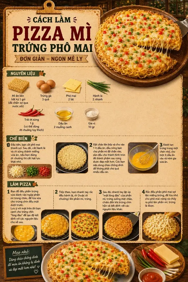 🍕🍜 Pizza mì trứng giòn rụm, kéo sợi phô mai cực đã – ăn là mê ngay từ miếng đầu tiên! ✨ Biến tấu từ mì gói quen thuộc thành chiếc pizza thơm ngon, giòn bên ngoài – béo ngậy bên trong.