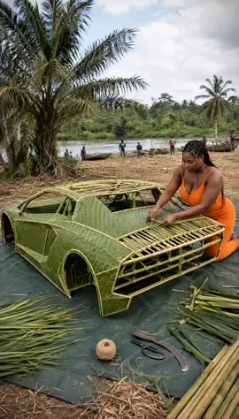 I built my dream supercar Sculpture with Bamboo and Coconut leaves🍃  #fypシ゚ #viralreels #artwork #DIY #handmadecraft 