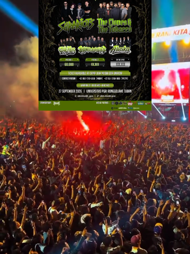oy teman-teman Tuban dan sekitarnya👋🏻, jangan cuma jadi penonton story tapi jadilah bagian dari sejarahnya kami‼️ 🔥PRESALE 1 GOAPHORIA RESMI DIBUKA🔥 Langkah pertama menuju malam yang tak terlupakan di mulai hari ini🔥. Saatnya amankan tiket @ukm.musik.goa VOL 2 dari sekarang‼️ 🎫 Presale 1: Rp.60.000 🗓️Minggu, 27 September 2026 📍Unirow Tuban yuk, jangan sampai kehabisan!!!🔥 CP: 📞Widya : 085737681808 📞Nadin : 088227615858 ⚠️ SISTEM PEMBELIAN PRE ORDER ⚠️ KUOTA TERBATAS ⚠️ CP MELAYANI DARI JAM 09.00 - 18.00 WIB #ukmmusikgoa #goaphoria2 #bojonegoro24jam  #bjn24jam  #bojonegorobanget 