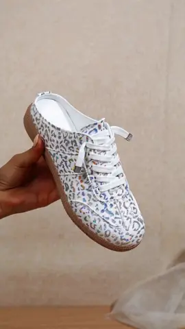 Women's Leopard Print Mule Sneakers, Holographic Glitter Slip on Backless Casual Shoes, Summer Breathable Flat Walking Shoes for Ladies #sliponsandals #womensflatsandals #womanshoes #womensloafers #designerslippers #sliponfootwear #summerflipflopsandals #summershoeswomen #casualslipons #womensslippers
