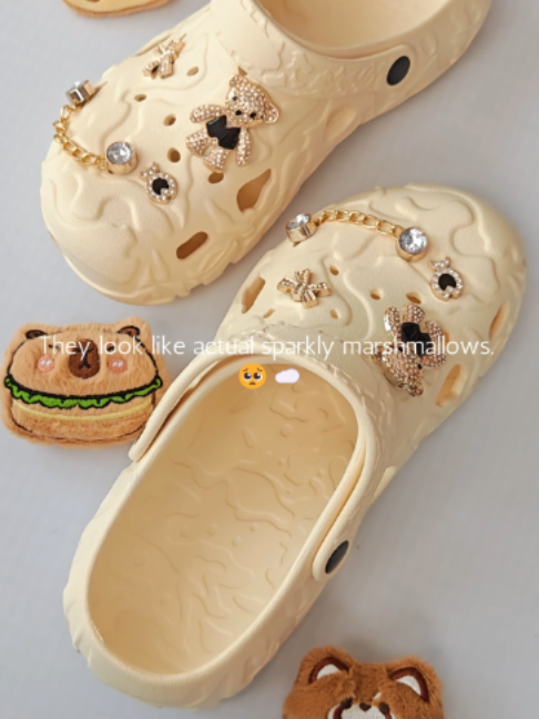 How adorable are these sparkly marshmallow clogs? 🥺 Which plushie buddy should I pair them with next? Let me know! #cuteclogs #marshmallowshoes #coquetteshoes #shoetok #shoecharms