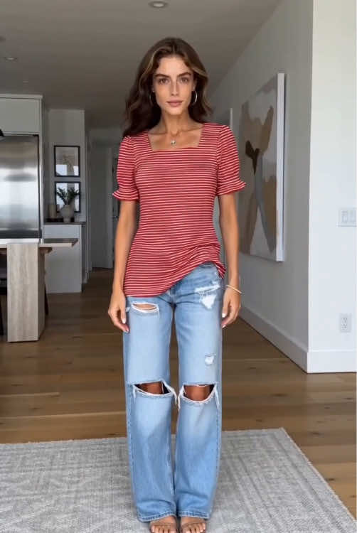 Square neck puff short sleeve tee brings soft gentle feminine vibes #SquareNeckPuffSleeveTop #SmockedShortSleeveBlouse #SolidColorCasualTee #RelaxedFitWomensShirt