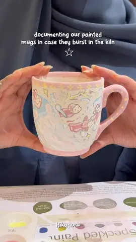 Our painted mugs before firing  🐛🌟💗 one of the best activities I’ve ever done with you @hind 🍧 ^~^ !!  . . #artcraft #ceramicpainting #studioghibli #pottery #crafting 