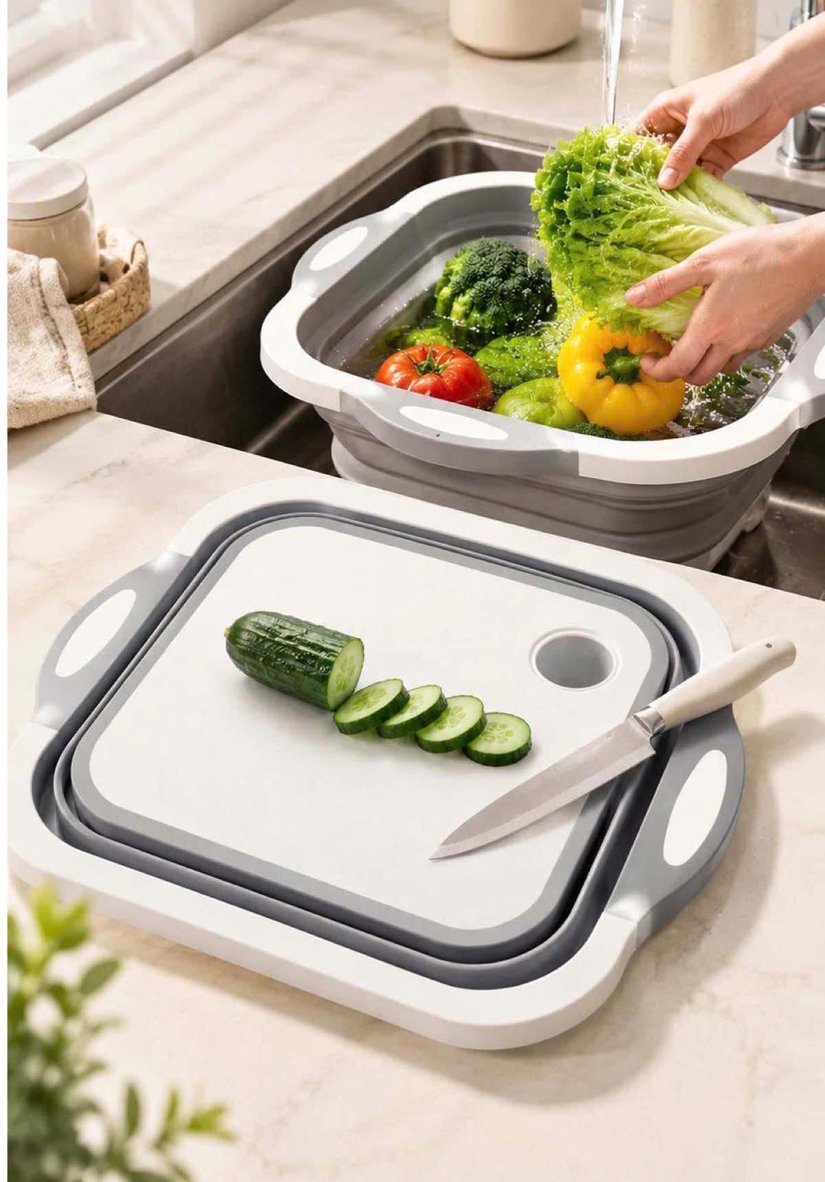 Thớt Gấp Thông Minh 2 Trong 1 – Cắt Thái Và Rửa Rau Chỉ Trong Một Bước #giadungthongminh #thotgapgon #chauruarau #thot2trong1