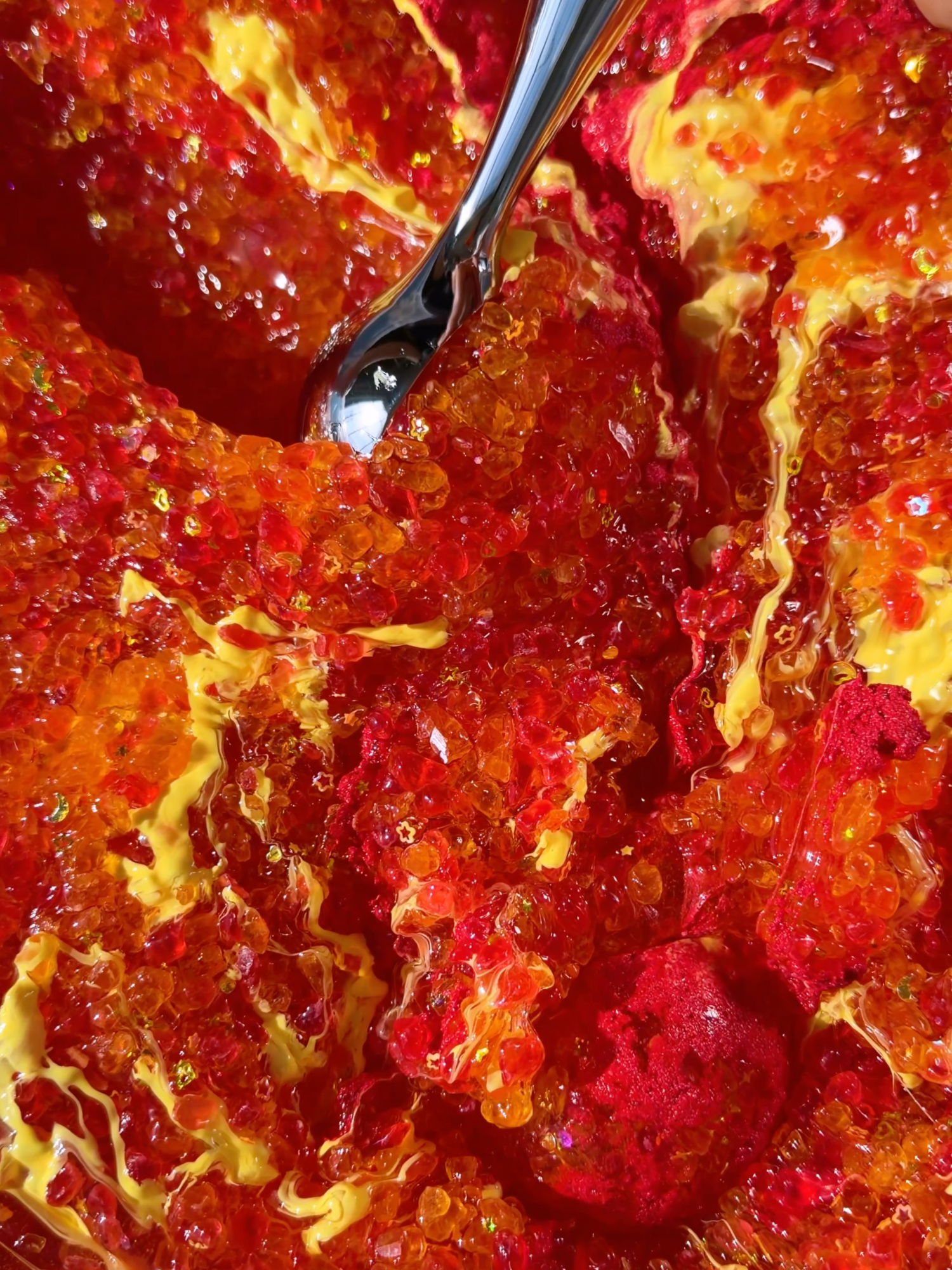 Solar Flare 🔥 Size: 7oz Texture: Silica Scent: Strawberry Mochi, Buttercream Slime Level: Advanced In Slime Add-in(s): Chunky Glitter Mix Packaged Separately: 1/2 oz Red Ground Pumice, 1/4 oz Yellow Thick Slime Note: Silica slimes can be a bit pokey. Not recommended for sensitive hands. May have fall out if aggressively ripped. #ogslimes #asmr #slime #slimeshop #fyp #slimeasmr