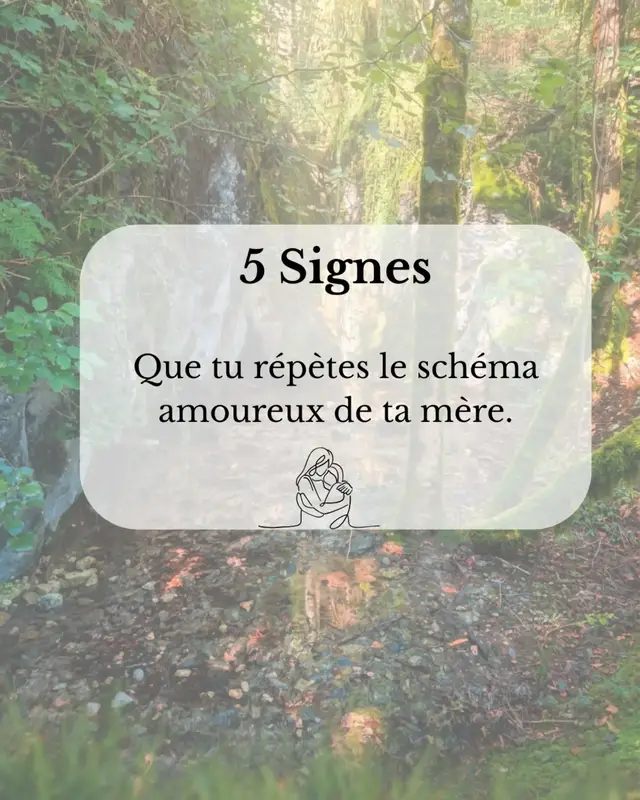 5 signes que tu répètes le schéma amoureux de ta mère.  Personne ne nous l'a appris, mais on hérite de bien plus que des yeux ou d'un caractère.  On hérite des blessures, des peurs, des façons d'aimer. Et tant qu'on ne les voit pas, on les répète. Encore et encore. La bonne nouvelle ? Un schéma qu'on voit est un schéma qu'on peut briser.  Tu t'es reconnue dans combien de ces 5 signes ? Dis-le moi en commentaire, je lis tout  Et si tu sens que c'est le moment de déposer ce poids, écris-moi 