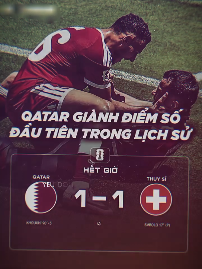 : Một trận hòa không khác gì vô địch của Qatar. Trận hòa này giúp Qatar làm nên lịch sử khi giành được điểm số đầu tiên tại một kỳ World Cup. Ở lượt trận thứ hai diễn ra vào ngày 19/6, Qatar sẽ chạm trán đồng chủ nhà Canada, trong khi Thụy Sĩ đối đầu với Bosnia & Herzegovina.#FIFAWorldCup #worldcup2026 #xh 