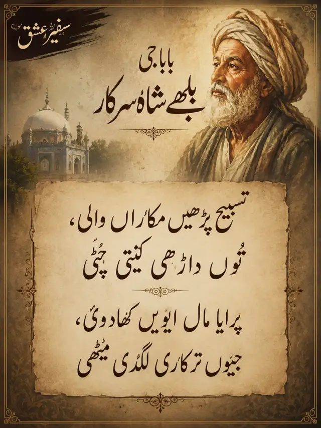 تسبیح پڑهیں مکّاراں والی، تُوں داڑهی کیتی چِٹی  پرایا مال ایویں کهادوئ، جیوں ترکاری لگدی مِٹهی  نہ تُوں مندر، مسیتی وڑیا، نہ قبر آندهاری ڈِٹهی  خبر تداں پوسی بلهیا، جداں مُنہ تے آسی مِٹی بابا بلھے شاہ سرکار رحہ  #نعت #سفیرعشق #قوالی_محفل #پاکستان #پاکستان___زندہ___باد 