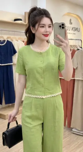 Bộ đồ vãi đũi vân mây phối viền ren tay ngắn quần dài ống suôn