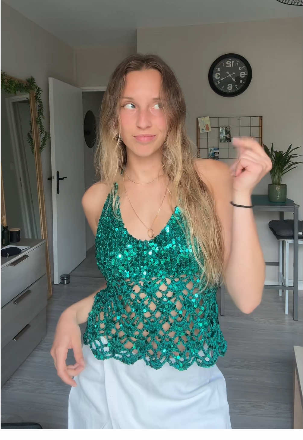 A little bit of yarn is all I need ✨🧪 #crochet #sequin #transition #summeroutfit #fyp
