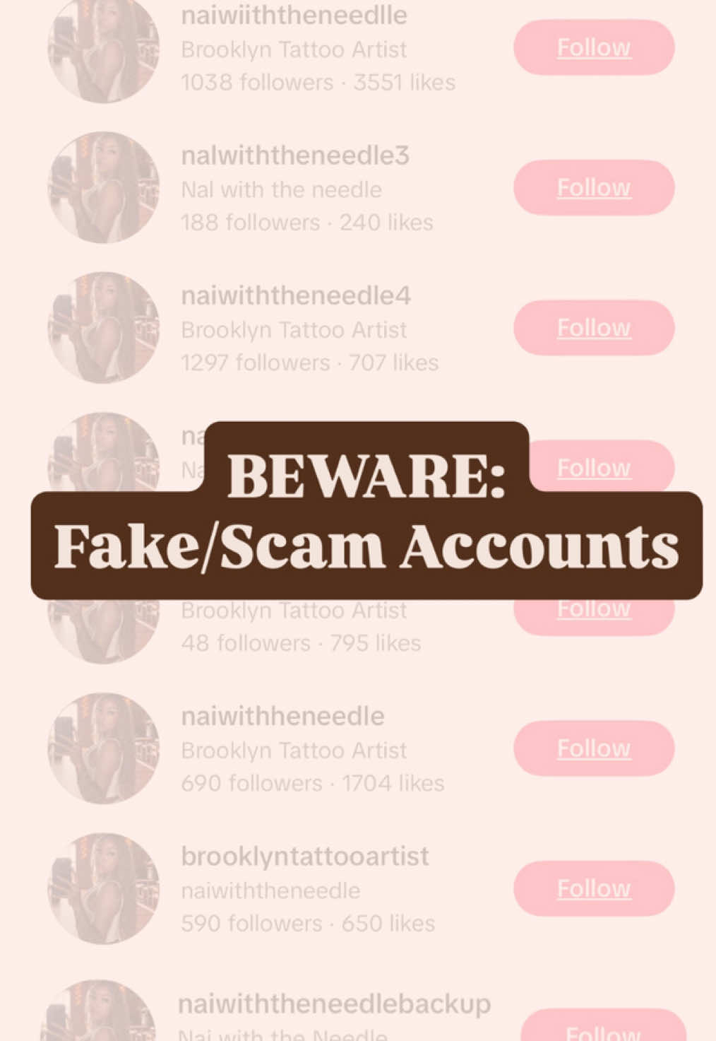 Making this so I can pin it to my profile. My only tiktok is @NaiWithTheNeedle (read it very carefully) - I have no backup or second accounts.  - I will never book via dm or text message, only via email. You have to fill out a form via my website to book (www.naiwiththeneedle.com) - I will never DM you on anywhere first to book - If the tattoo seems cheap, youre being scammed. - I will never ask you to zelle money to a different person. Dont zelle money to an account registered under some random name. I also never use cashapp or venmo. #Naiwiththeneedle #brooklyntattooartist 