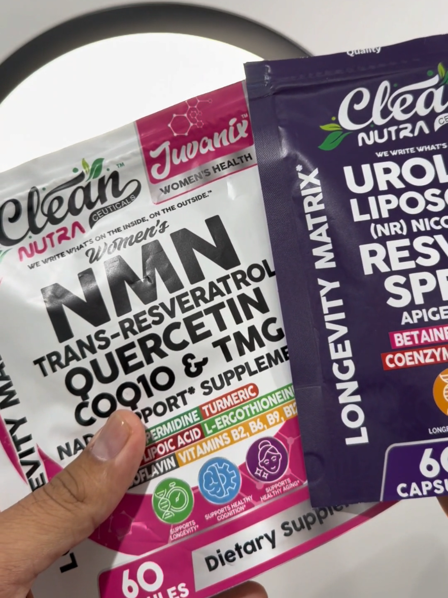 Duo de longevidad para mujeres Urolithin A 250mg + NMN 500mg Beauty & Energy Duo Bundle for Women – NAD+ Supplement with Resveratrol Apigenin CoQ10 Quercetin – Mitochondrial Healthy Aging Cellular Energy Brain Health – 120 Capsules – Clean Nutra @Clean Nutra #NAD #NMN #cleannutra #resveratrol #dealsforyoudays 