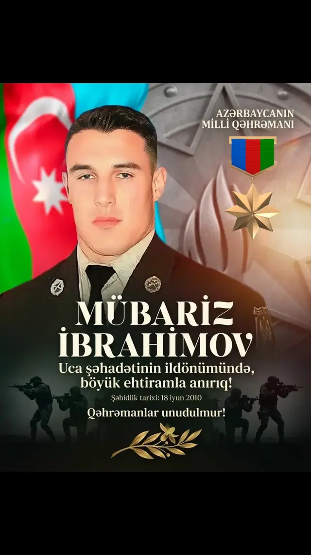 18 İyun – Azərbaycanın Milli Qəhrəmanı şəhid Mübariz İbrahimovun anım günü Bu gün Azərbaycan xalqının qəhrəmanlıq salnaməsinə adını qızıl hərflərlə yazdırmış Azərbaycanın Milli Qəhrəmanı Mübariz İbrahimovun anım günüdür. Mübariz İbrahimov öz canını Vətən uğrunda fəda edərək sübut etdi ki, torpaq sevgisi hər şeydən ucadır. Onun göstərdiyi misilsiz igidlik Azərbaycan əsgərinin yenilməz ruhunun, vətənə sədaqətinin və milli qürurunun ən parlaq nümunələrindən biridir. 2010-cu ilin iyunun 18-dən 19-na keçən gecə göstərdiyi qəhrəmanlıq onu xalqımızın yaddaşında əbədi yaşadacaq bir zirvəyə yüksəltdi.  Bu müqəddəs gündə Mübariz İbrahimovu və bütün şəhidlərimizi dərin hörmət, ehtiram və rəhmətlə anıram. Onların müqəddəs qanı ilə qorunan bu Vətən hər zaman var olsun. Ruhun şad olsun, qəhrəman oğul! Sənin şücaətin, cəsarətin və Vətən sevgin gələcək nəsillər üçün əbədi örnək olaraq yaşayacaq. Allah bütün şəhidlərimizə rəhmət eləsin, məkanları cənnət olsun. 🇦🇿🕊️ Hörmətlə, Qazi Cümşüd Hüseynov ✍️🏻