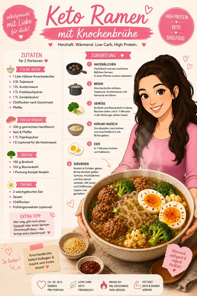 Manchmal entstehen die besten Rezepte einfach aus Resten. ❤️ Aus den Knochen meiner entbeinten Hähnchenkeulen habe ich eine kräftige Knochenbrühe gekocht und daraus diese unglaublich aromatische Keto-Ramen gemacht. Mit Konjaknudeln, Ei, Gemüse und ganz viel Geschmack. 🤤 Das Beste daran? Keine komplizierten Zutaten, keine Kohlenhydratbombe und trotzdem dieses gemütliche „Ich könnte die ganze Schüssel leer trinken“-Gefühl. 🥰 Wer sagt eigentlich, dass man bei Keto auf Soulfood verzichten muss? 🍜✨ Bei uns gab es: 🥚 Eier 🥦 Brokkoli 🥬 Blumenkohl 🍜 Konjaknudeln 🥢 Sojasauce & Austernsauce 🍗 Selbstgemachte Hühner-Knochenbrühe Und ich muss ehrlich sagen: Das war eine der leckersten Suppen, die ich seit Langem gegessen habe. 😍 Würdet ihr die Keto-Ramen ausprobieren? #keto #ketodeutschland #ketorezepte #ketocraft #lowcarb 
