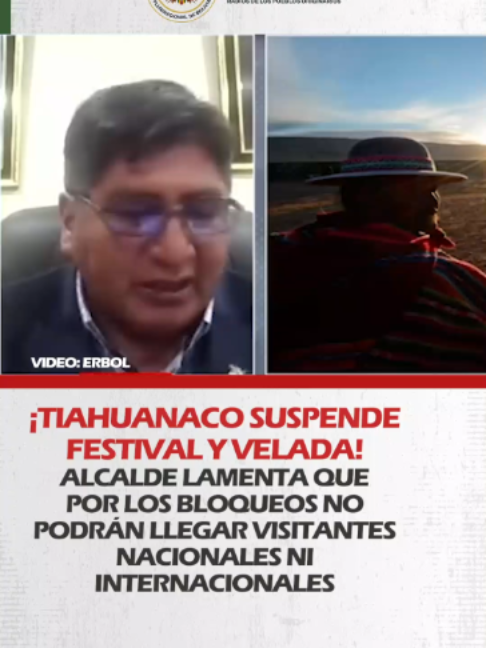 ¡TIAHUANACO SUSPENDE FESTIVAL Y VELADA! ALCALDE LAMENTA QUE POR LOS BLOQUEOS NO PODRÁN LLEGAR VISITANTES NACIONALES NI INTERNACIONALES El alcalde de Tiahuanaco, Felipe Chura, anunció que se ha decidido reducir la celebración del Willka Kuti para esta gestión, debido a la intransitabilidad de la carretera. Lamentó que por los bloqueos en las carreteras no podrán llegar visitantes nacionales, ni internacionales como pasaba cada año. #RPOsBolivia  #SiempreBolivia