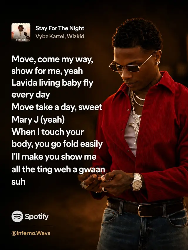 Stay For The Night is a smooth blend of dancehall and Afrobeats that brings together two legends from Jamaica and Nigeria. The production is mellow and atmospheric, allowing both artists to shine without trying too hard. Wizkid delivers one of his signature laid-back performances, adding warmth and melody to the track, while Vybz Kartel's distinct voice and dancehall energy give the song its character. Their chemistry feels natural, making the collaboration sound effortless rather than forced.  The song isn't built around big drops or flashy moments. Instead, it thrives on its vibe—romantic, relaxed, and easy to replay. Fans of Essence, Come Closer, and Wine To The Top will likely appreciate the sound Quick Review: 🎵 Production: 8.5/10 🎤 Vocals: 9/10 🤝 Chemistry: 9/10 🔁 Replay Value: 8/10 Overall: 8.5/10 — a classy and enjoyable collaboration that highlights Wizkid's ability to fit seamlessly into different sounds. #wizkid #wizkidfc #nigeriantiktok🇳🇬 #bigwiz🦅 #creatorsearchinsight 