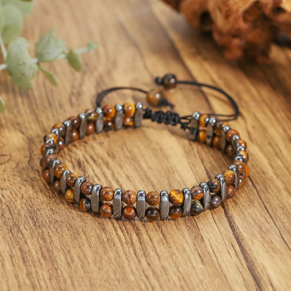 Boho Earthy Tone Stone Bracelet, Tiger's Eye & Hematite Braided Adjustable Bracelet for Men 
