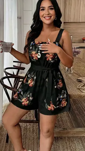 Plus Size Women's Bohemian Boho Aesthetic Sleeveless Floral Printed Romper, Summer Casual Fit Short High Waist Belted Jumpsuit, Beach Vacation #أزياء_صيفية_لطيفة #backlessjumpsuit #plussizebathingsuits #widelegjumpsuit #denimrompers #summerjumpsuit #plussizebodysuit #halterjumpsuit #linenjumpsuit #openbackjumpsuit