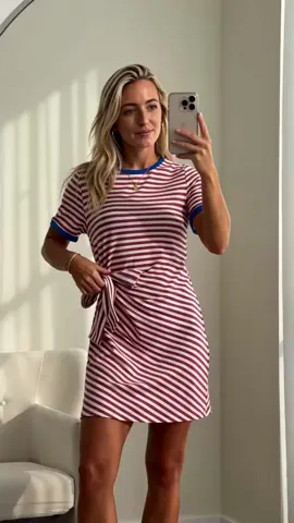 Skip unflattering striped mini dresses! This red-blue contrast fit is insane. Side tie conceals belly fat completely. Short hem lengthens legs for petite girls. Blue trim brightens warm skin instantly. Wear indoors or outdoors with zero effort. Best pick for eye-catching beach photos!#BeachVacationOutfit #PetiteFashion #LoungeWearDress #SummerCoastalOOTD #CasualMiniDress 