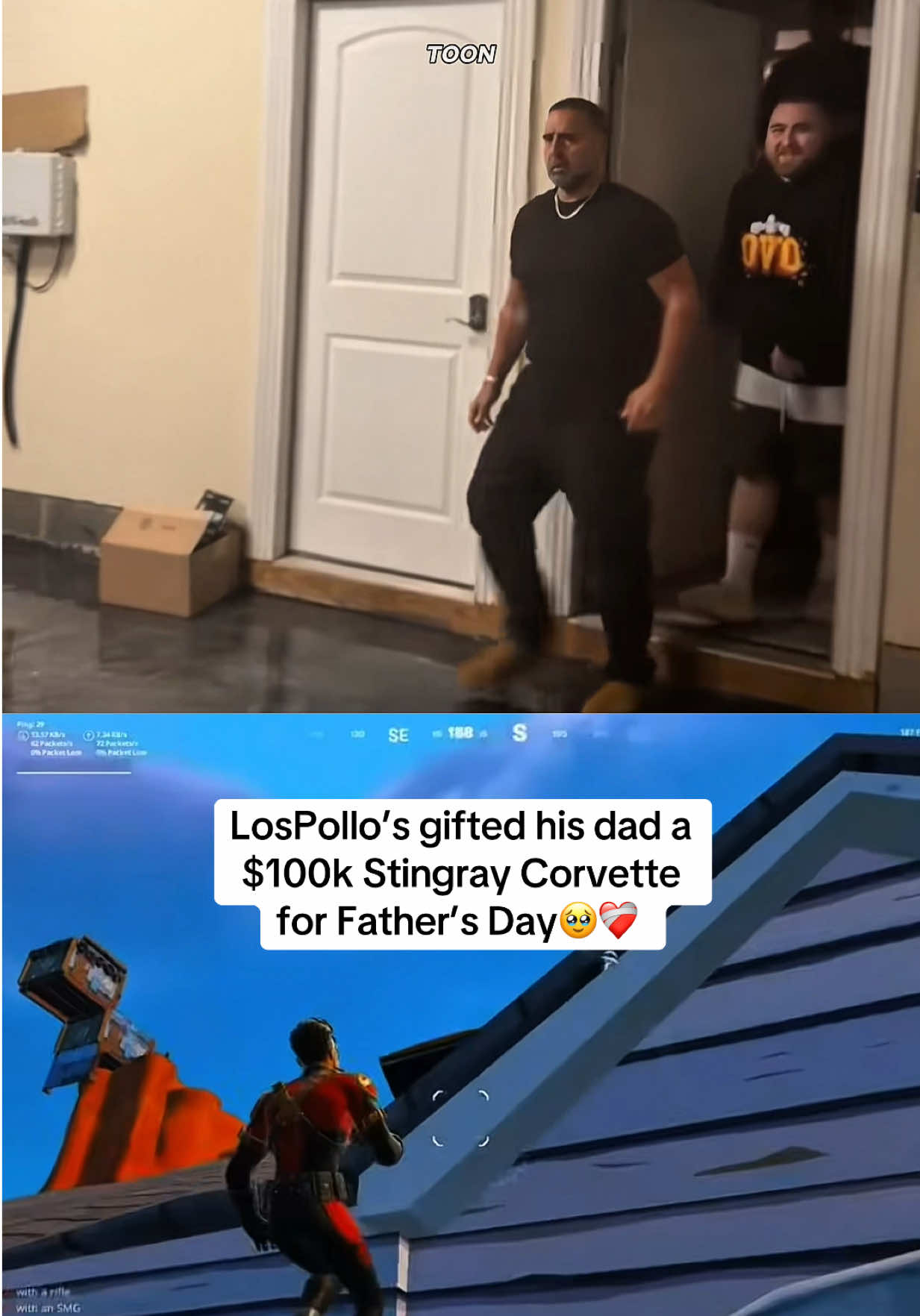 LosPollo’s gifted his dad a $100k Stingray Corvette for Father’s Day🥹❤️‍🩹  #lospollostv #fortnite #fyp 